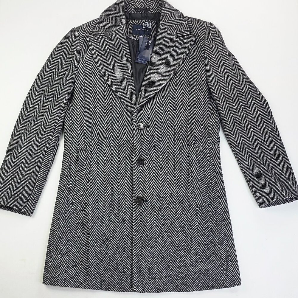 Braveman Herringbone Wool Blend Black White Sz Medium Single Breast Overcoat NWT